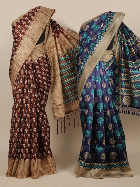 

Pothys Pack Of 2 Brown & Blue Floral Jute Silk Sarees