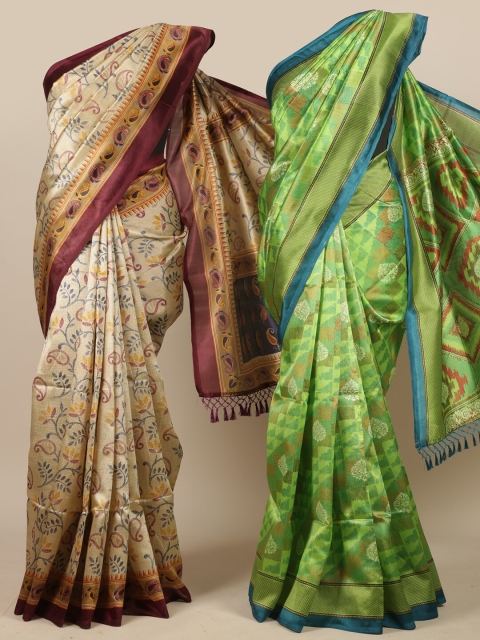 

Pothys Pack of 2 Green & Cream-Coloured Floral Jute Silk Saree