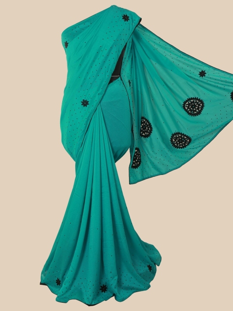 

Pothys Turquoise Blue & Red Embellished Beads and Stones Art Silk Saree