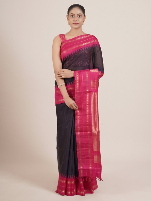 

Pothys Navy Blue & Pink Woven Design Zari Pure Silk Gadwal Saree