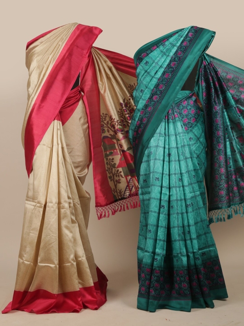 

Pothys Pack Of 2 Cream & Green Floral Jute Silk Saree