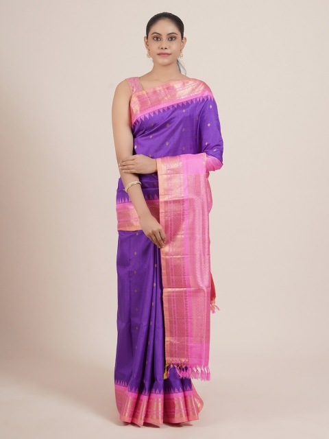 

Pothys Violet & Pink Woven Design Zari Pure Silk Gadwal Saree