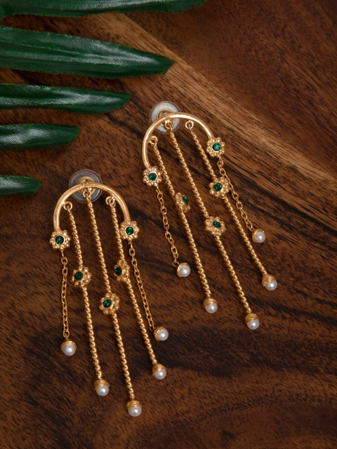 

INDYA Gold-Plated Green Stone-Studded Contemporary Drop Earrings