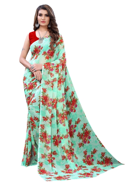 

KALINI Blue & Red Floral Pure Georgette Saree