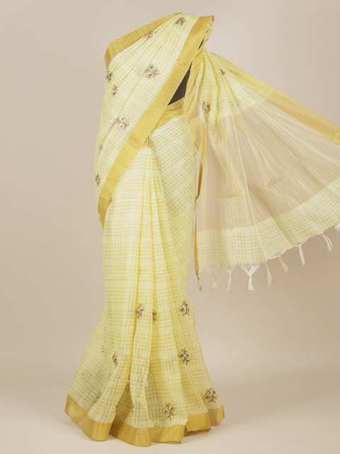 

Pothys Yellow & White Floral Zari Pure Cotton Saree