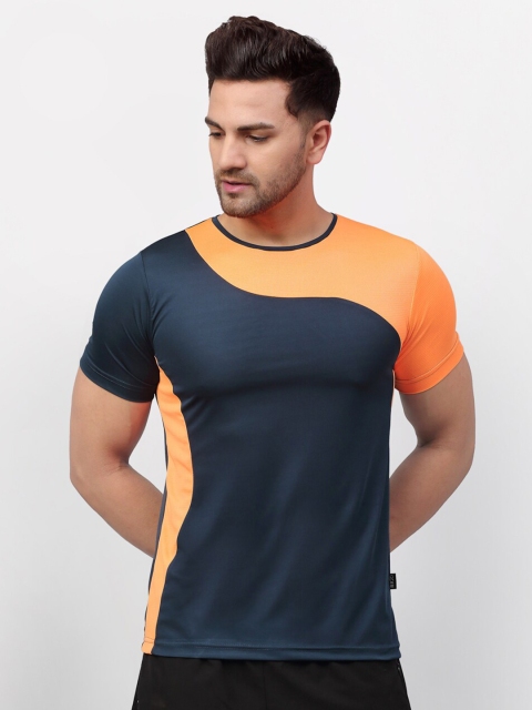 

Rigo Men Navy Blue & Orange Colourblocked Slim Fit Sports T-shirt