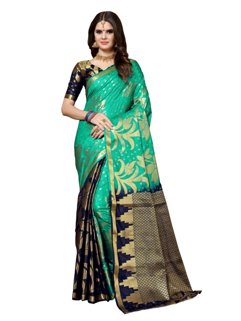

GoSriKi Sea Green & Navy Blue Woven Design Art Silk Saree