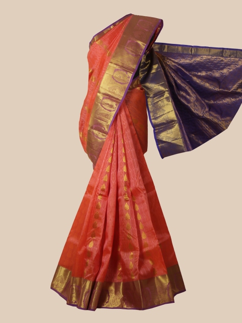 

Pothys Peach & Blue Woven Design Zari Pure Silk Kanjeevaram Saree