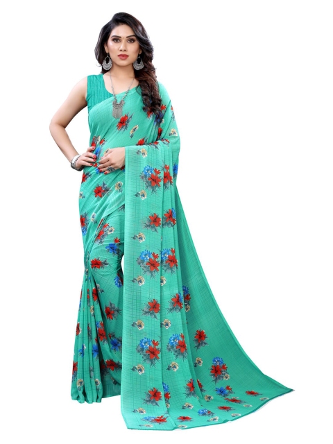 

KALINI Sea Green & Red Floral Pure Georgette Saree