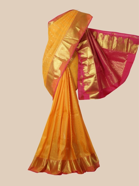 

Pothys Mustard & Pink Woven Design Zari Pure Silk Kanjeevaram Saree