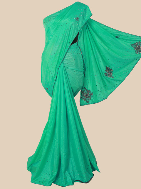 

Pothys Sea Green & Red Embellished Beads and Stones Art Silk Saree
