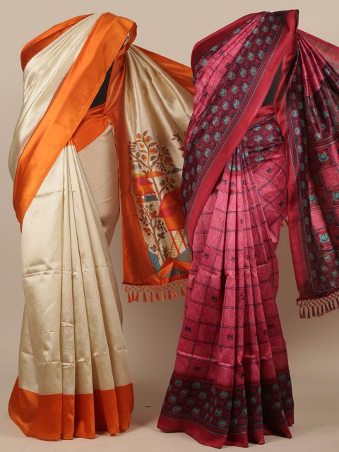 

Pothys Pack of 2 Cream & Pink Floral Jute Silk Saree