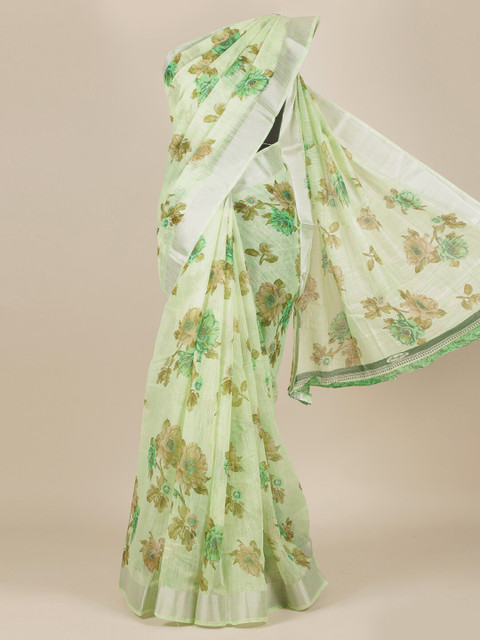 

Pothys Green & Silver-Toned Floral Printed Zari Jute Silk Saree