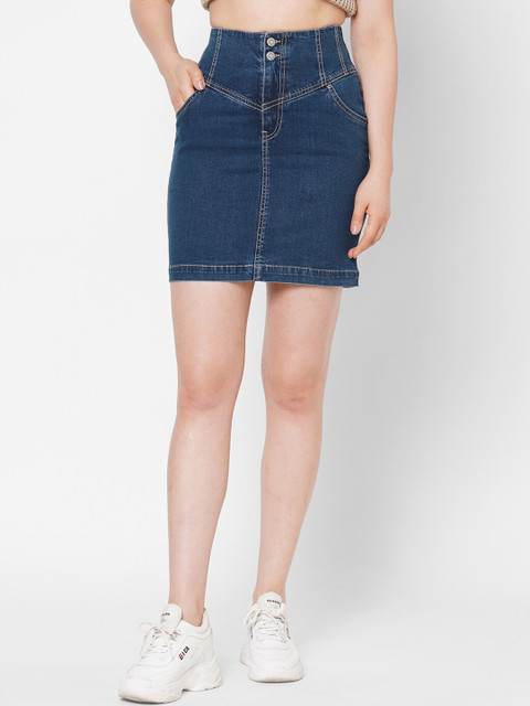 

TARAMA Women Navy Blue Solid Straight Mini Denim Skirt