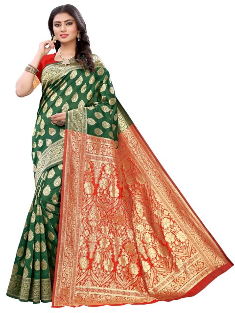 

KALINI Green & Red Woven Design Zari Banarasi Saree