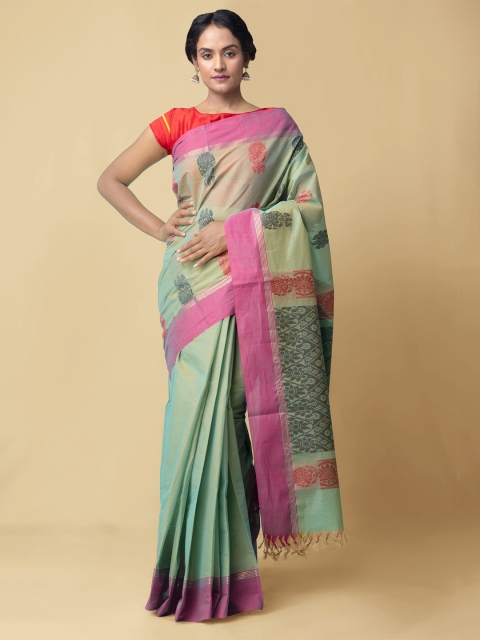 

Unnati Silks Green & Pink Ethnic Motifs Pure Cotton Uppada Handloom Saree