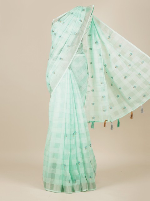 

Pothys Sea Green & Silver-Toned Checked Embroidered Tissue Saree