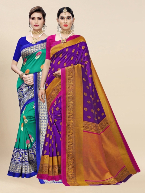 

KALINI Pack Of 2 Green & Purple Floral Zari Sarees