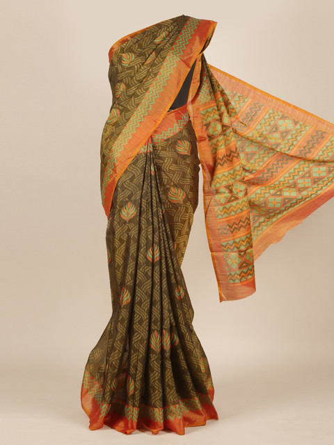 

Pothys Green & Orange Ethnic Motifs Printed Jute Silk Saree