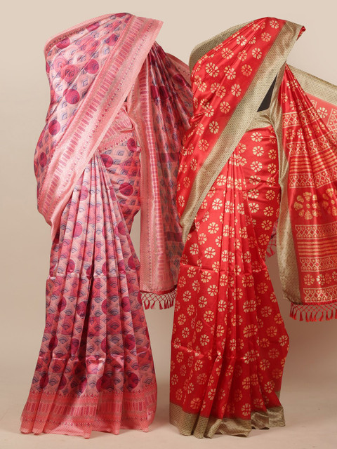 

Pothys Pack Of 2 Pink & Red Floral Jute Silk Sarees