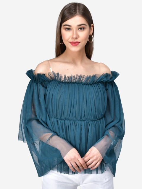 

Darzi Blue Off-Shoulder Net Bardot Top