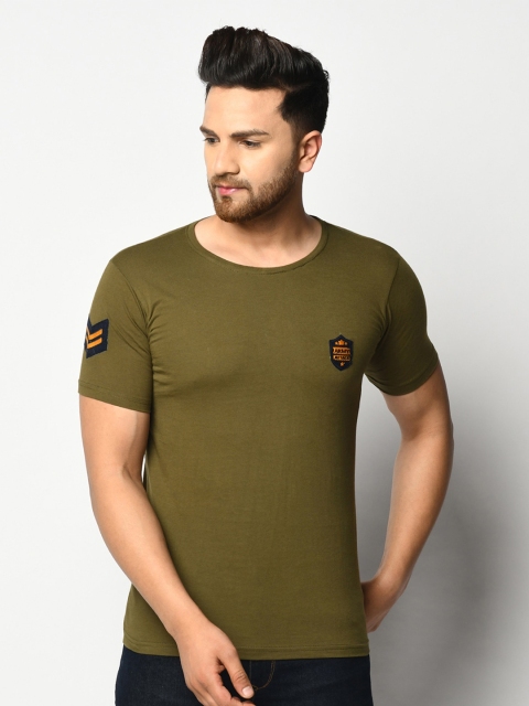 

ELEGANCE Men Olive Solid Applique Casual Regular Fit T-shirt