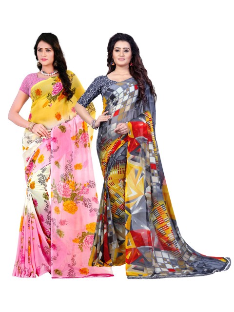 

KALINI Pack of 2 Pink & Grey Floral Poly Georgette Saree