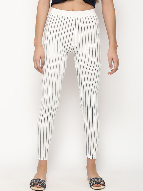 

V2 Value & Variety Women Cream-Coloured & Black Striped Ankle-Length Cotton Leggings
