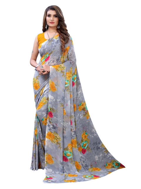 

KALINI Grey & Yellow Floral Pure Georgette Saree