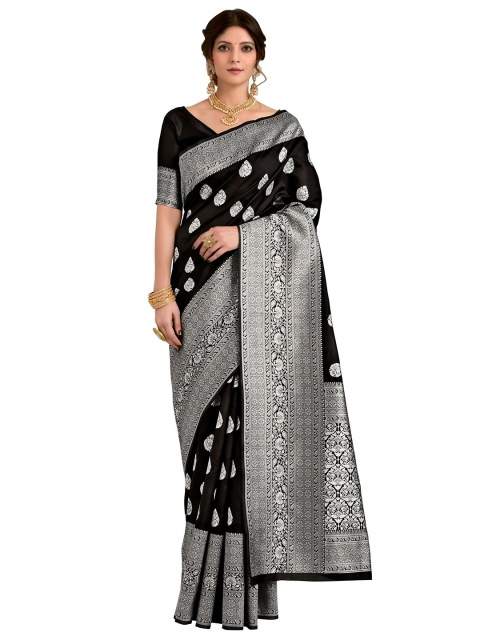 

SARIYA Black & Silver-Toned Woven Design Zari Silk Blend Banarasi Saree