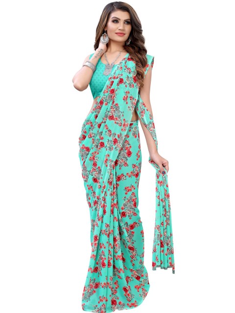 

KALINI Sea Green & Pink Floral Pure Georgette Saree