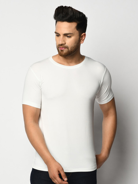 

ELEGANCE Men White Solid Round Neck T-shirt