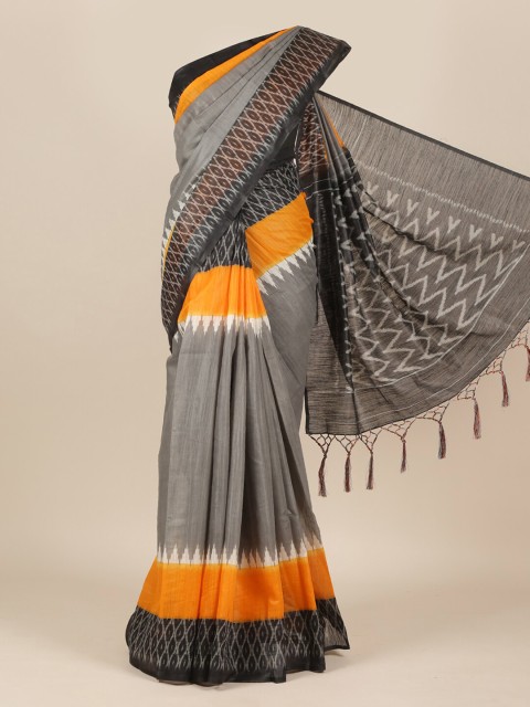 

Pothys Grey & Black Ethnic Motifs Printed Jute Silk Ikat Saree