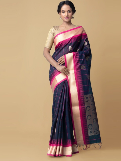 

Unnati Silks Navy Blue & Pink Woven Design Zari Silk Cotton Baluchari Saree
