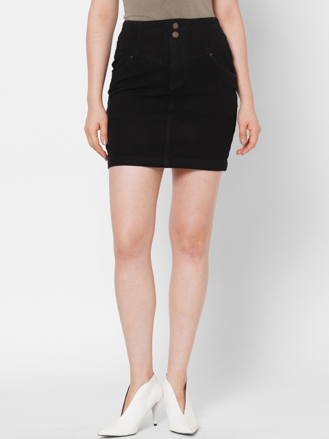 

TARAMA Women Black Solid Straight-Fit Denim Mini Skirt