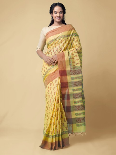 

Unnati Silks Yellow & Brown Ethnic Motifs Pure Cotton Handloom Mangalagiri Saree