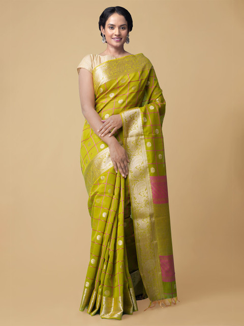 

Unnati Silks Green & Pink Checked Zari Silk Cotton Bangalore Baluchari Saree