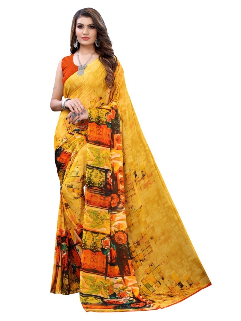 

KALINI Yellow & Black Floral Pure Georgette Saree