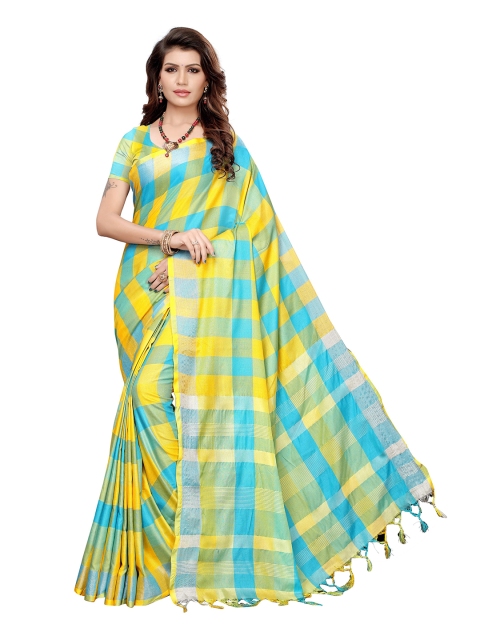 

GoSriKi Yellow & Blue Checked Zari Linen Blend Saree