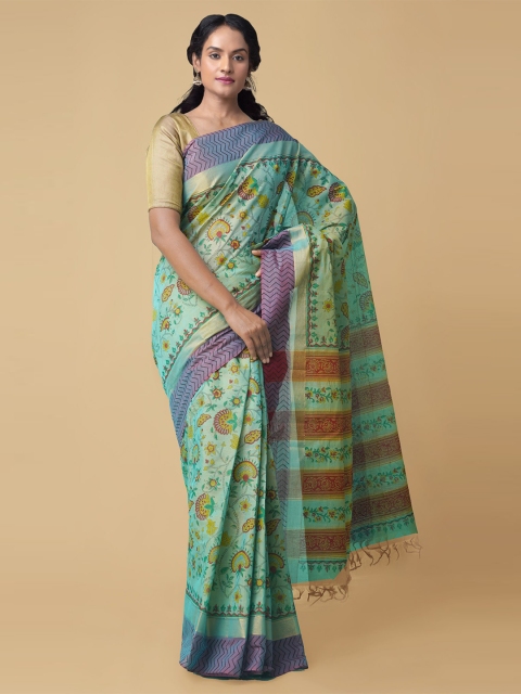 

Unnati Silks Green & Yellow Floral Pure Cotton Mangalagiri Saree