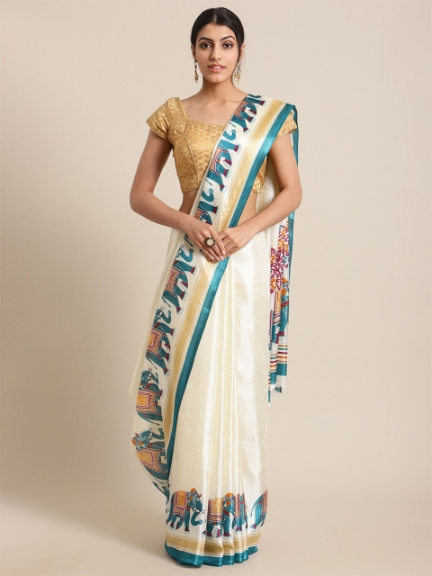 

KSUT White Solid Cotton Blend Saree