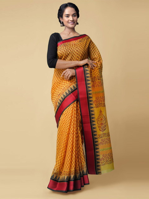 

Unnati Silks Yellow & Red Dabu Silk Cotton Chanderi Saree