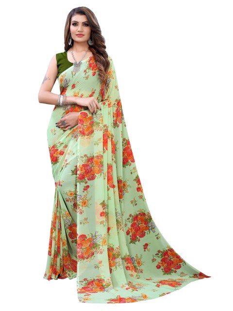 

KALINI Green & Red Floral Pure Georgette Saree