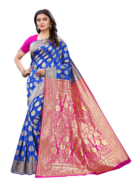 

KALINI Blue & Pink Woven Design Zari Banarasi Saree