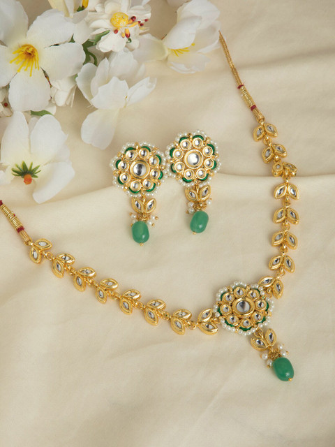 

INDYA Gold-Plated White & Green Kundan-Studded & Beaded Floral Jewellery Set