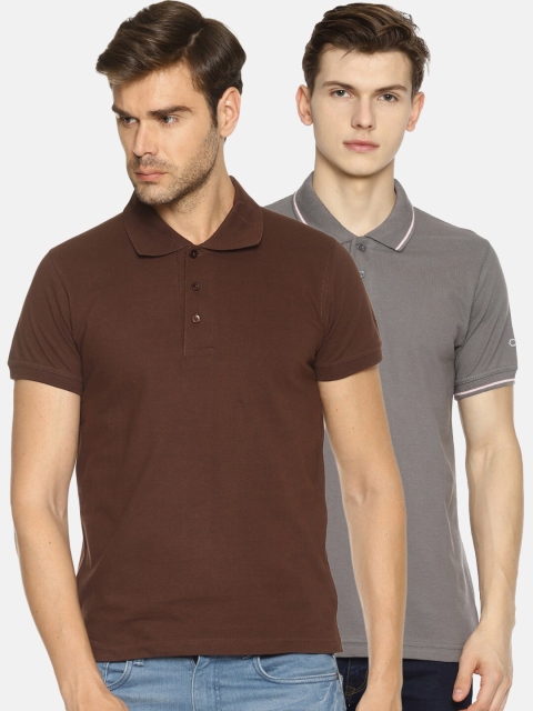 

OBOW Men Pack of 2 Brown & Grey Polo Collar Pure Cotton T-shirt