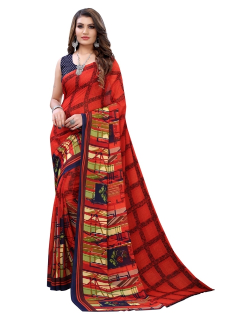 

KALINI Red & Navy Blue Checked Pure Georgette Saree