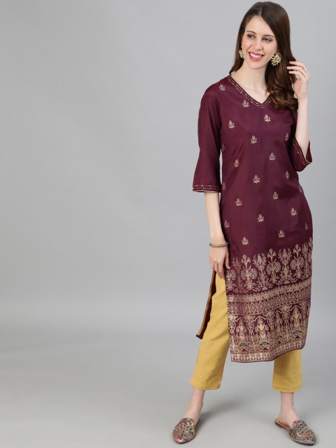 

Jaipur Kurti Women Burgundy Ethnic Motifs Embroidered Flared Sleeves Kurta