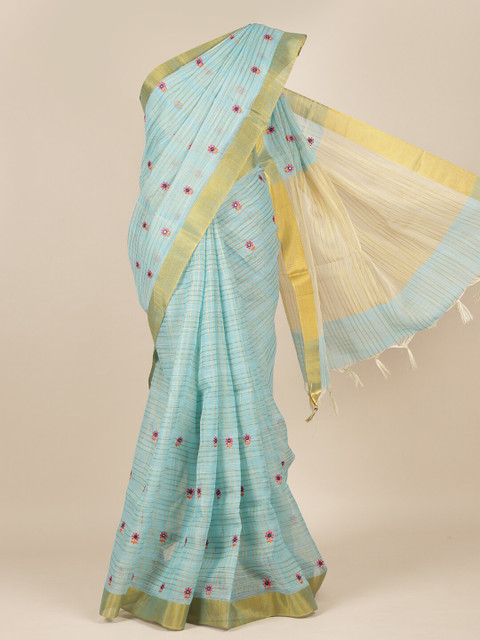 

Pothys Turquoise Blue & Gold Floral Pure Cotton Saree With Tasseled Pallu