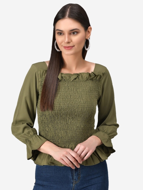 

Darzi Green Puff Sleeve Smocked Crepe Regular Top